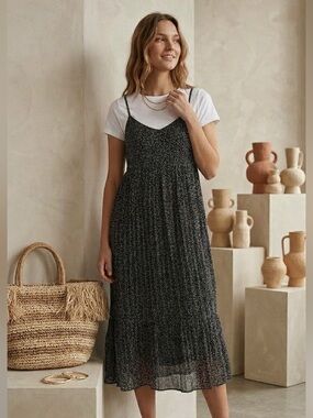 ⁠OAK + FORT Polka Dot Crinkle Pleated Cami Midi Dress Small⁠ Y2K/90s inspired